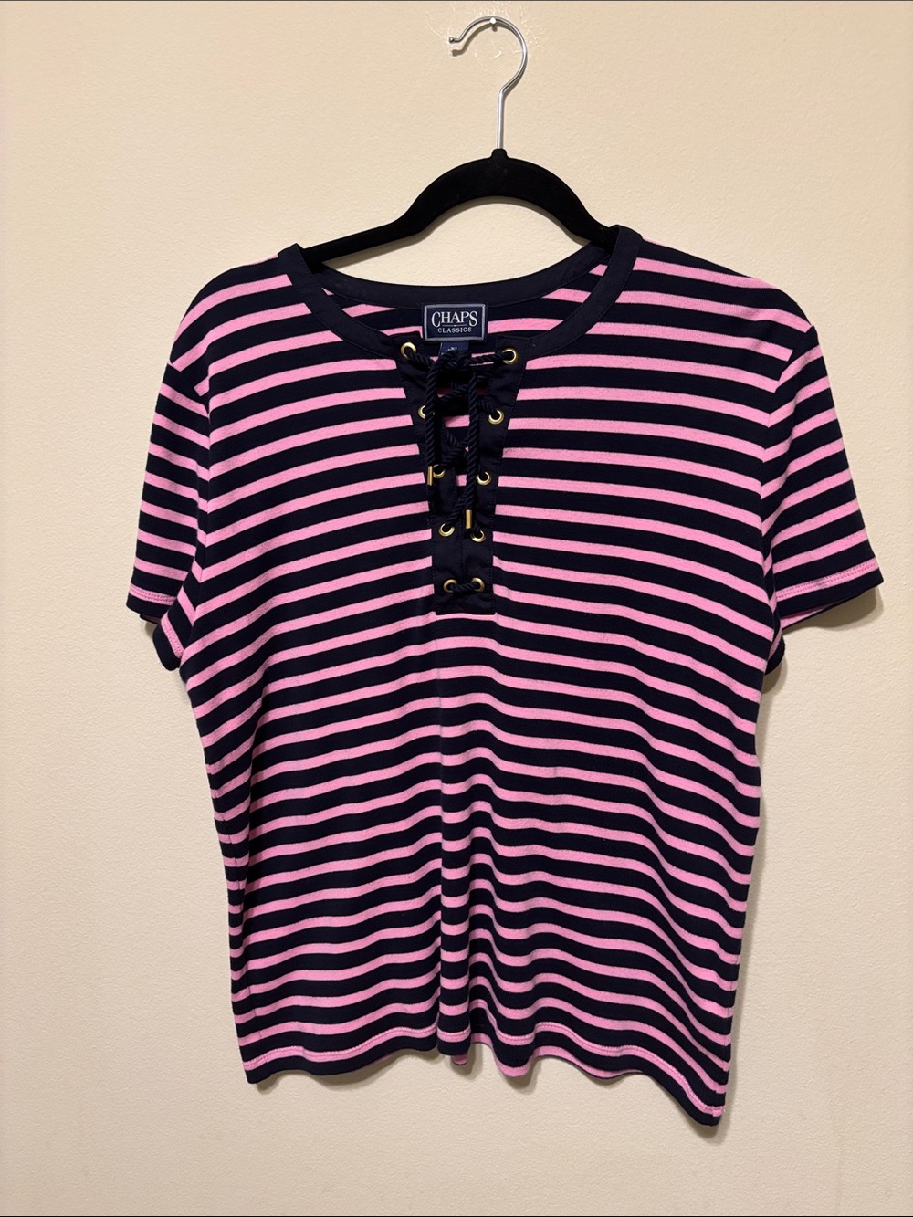 Chaps Pink and Navy Striped Lace-Up Short Sleeve Tee size X-Large